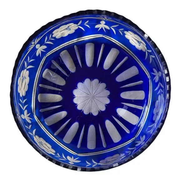 Vintage Cobalt Blue Cut Crystal Bowl Bohemian Style Floral Overlay Heavy Glass - Picture 2 of 3